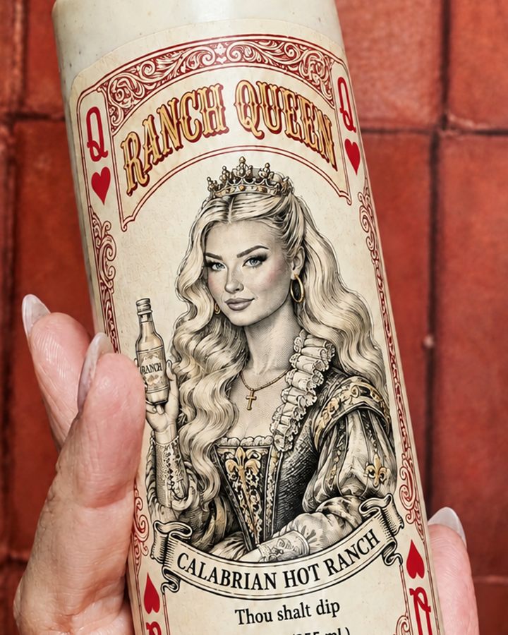 Queen of Hearts Calabrian hot ranch bottle with a queen-of-hearts label